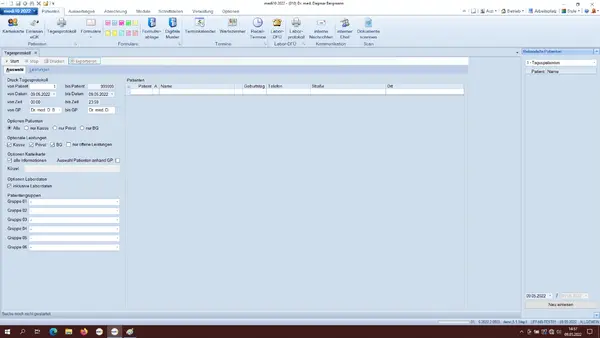 Tagesprotokoll-Ansicht einer Arztsoftware mit Patientendaten, Filtern und Leistungsoptionen.