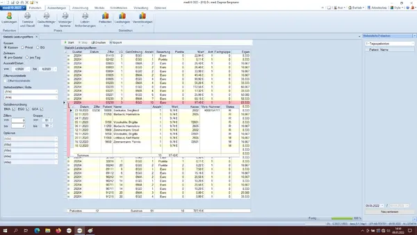 Statistikübersicht mit Abrechnungsdaten, Patientennamen und Leistungsziffern in Praxissoftware.