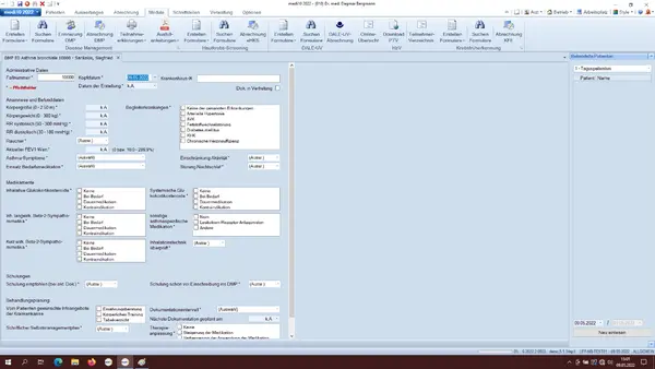 Formularmaske zur Dokumentation von Asthma bronchiale im DMP-Programm einer Arztsoftware.