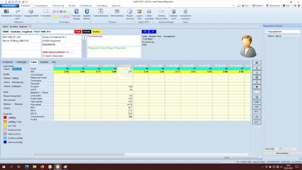 Laborübersicht einer Arztsoftware mit Patientendaten, Laborwerten und Markierungen in Tabellenform.